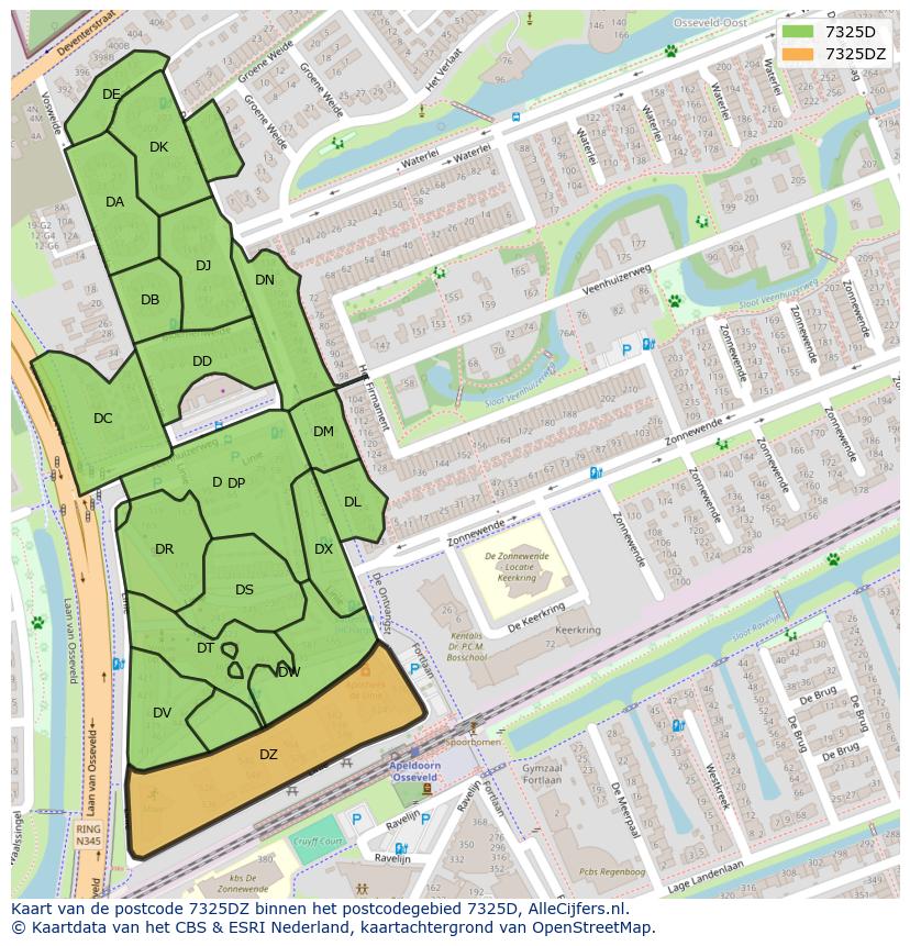 Afbeelding van het postcodegebied 7325 DZ op de kaart.