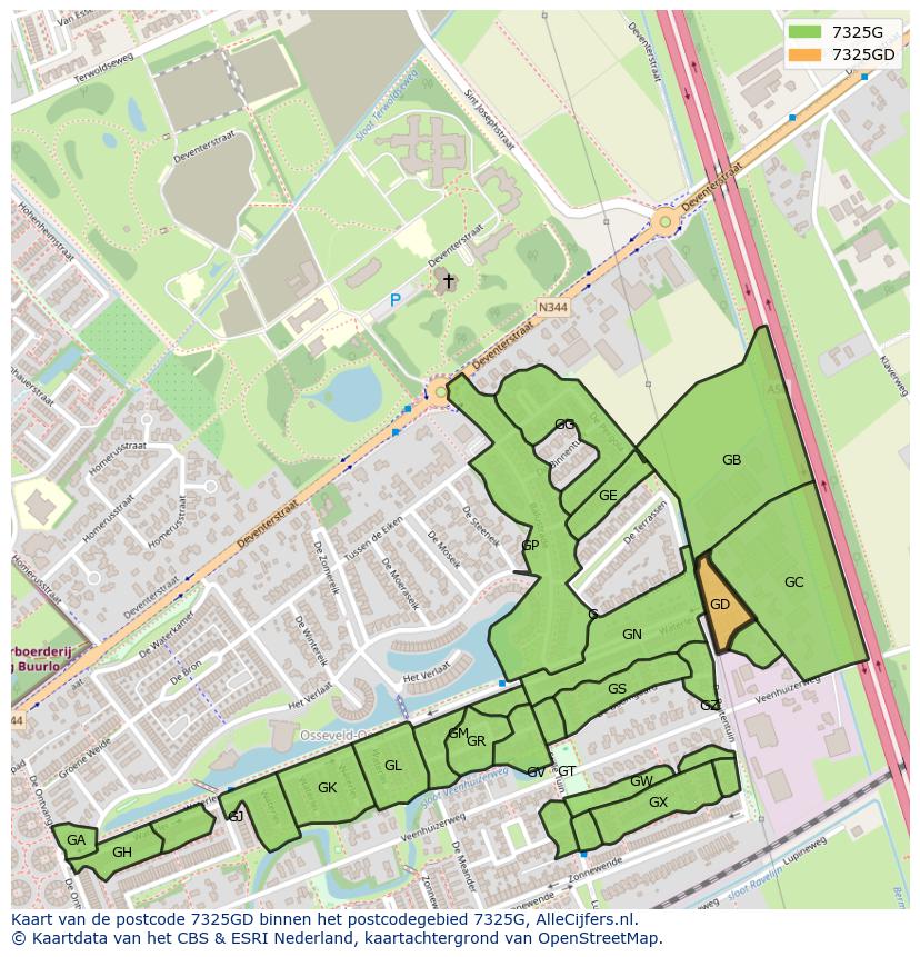 Afbeelding van het postcodegebied 7325 GD op de kaart.