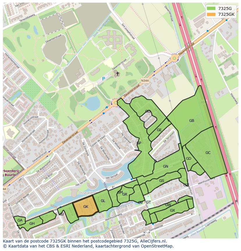 Afbeelding van het postcodegebied 7325 GK op de kaart.