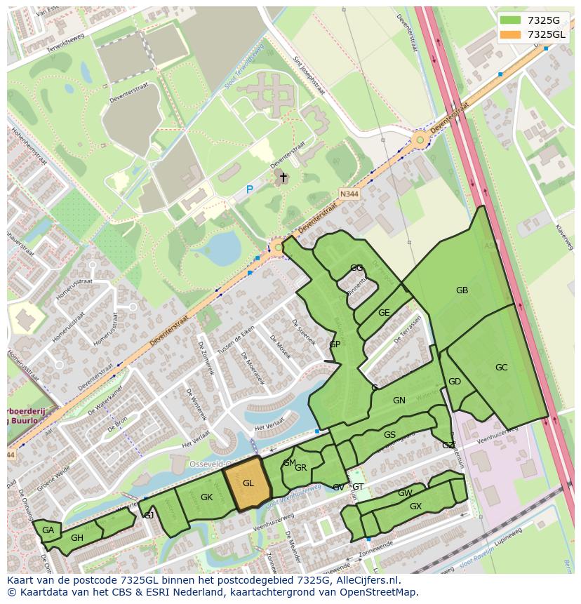Afbeelding van het postcodegebied 7325 GL op de kaart.