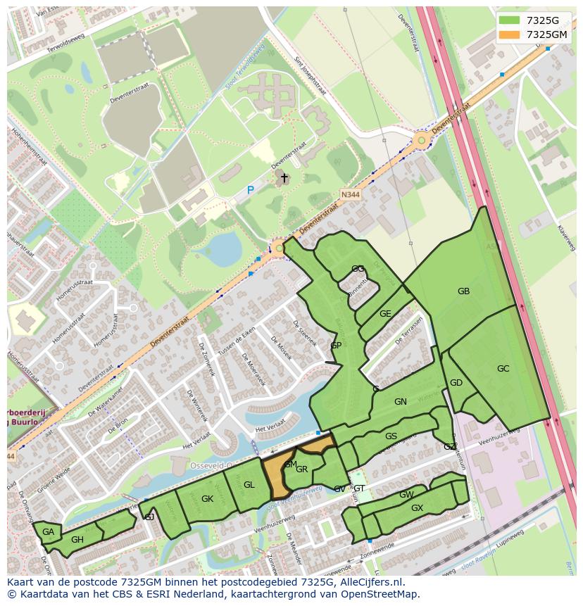 Afbeelding van het postcodegebied 7325 GM op de kaart.
