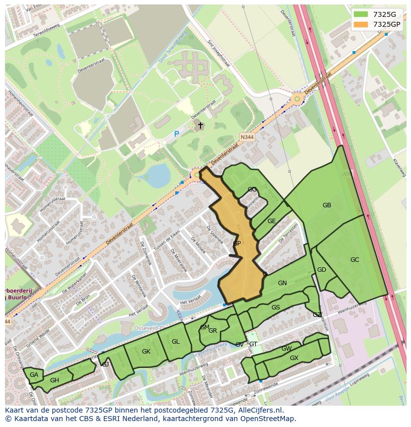 Afbeelding van het postcodegebied 7325 GP op de kaart.