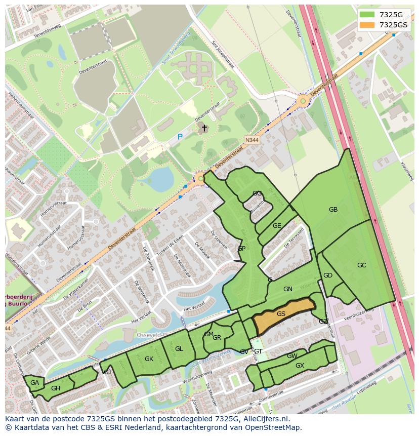 Afbeelding van het postcodegebied 7325 GS op de kaart.