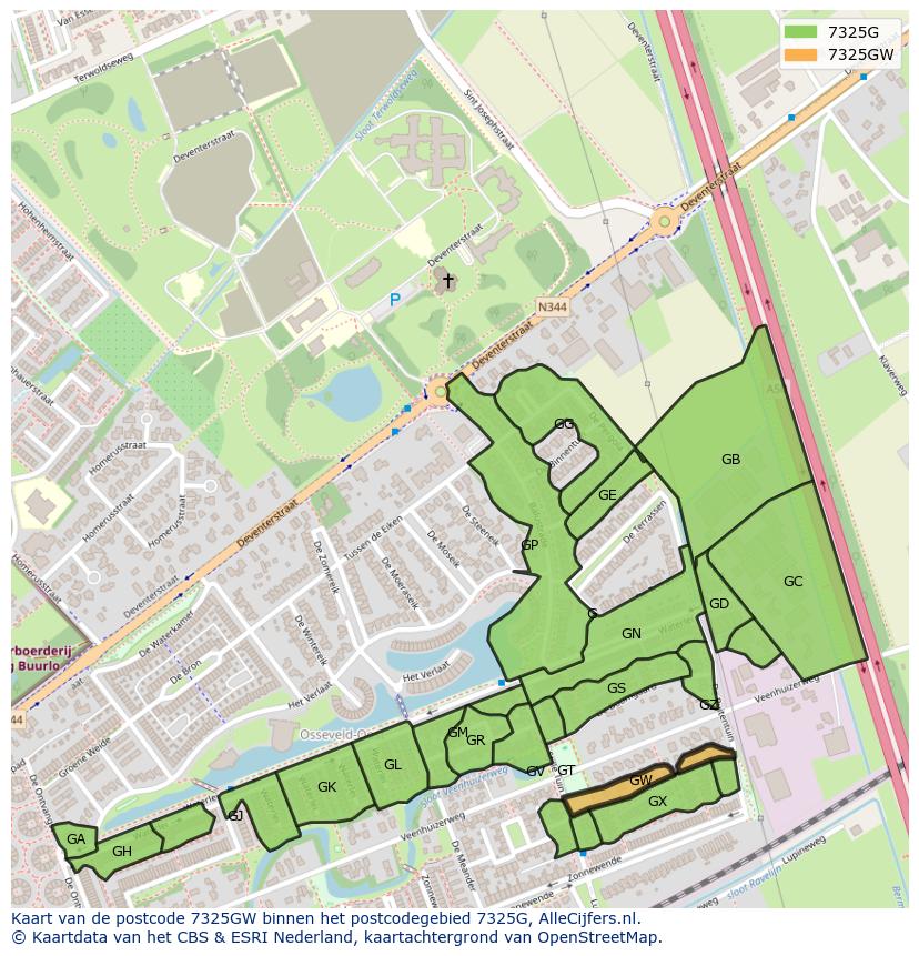 Afbeelding van het postcodegebied 7325 GW op de kaart.