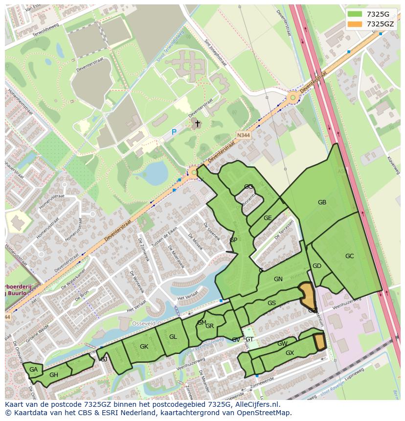 Afbeelding van het postcodegebied 7325 GZ op de kaart.