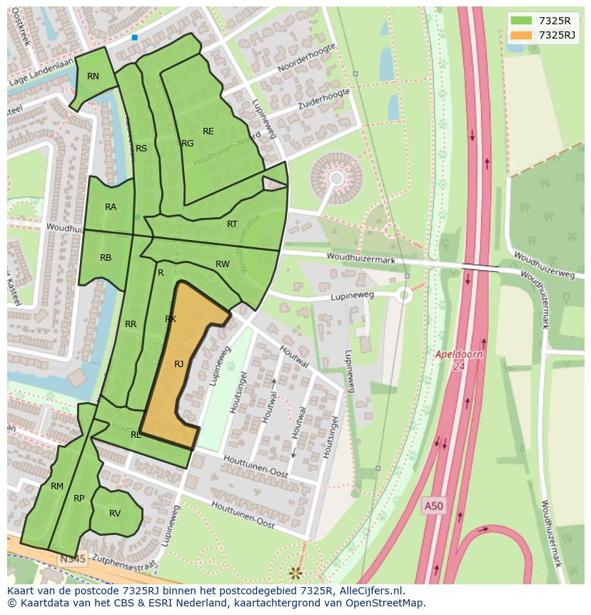 Afbeelding van het postcodegebied 7325 RJ op de kaart.