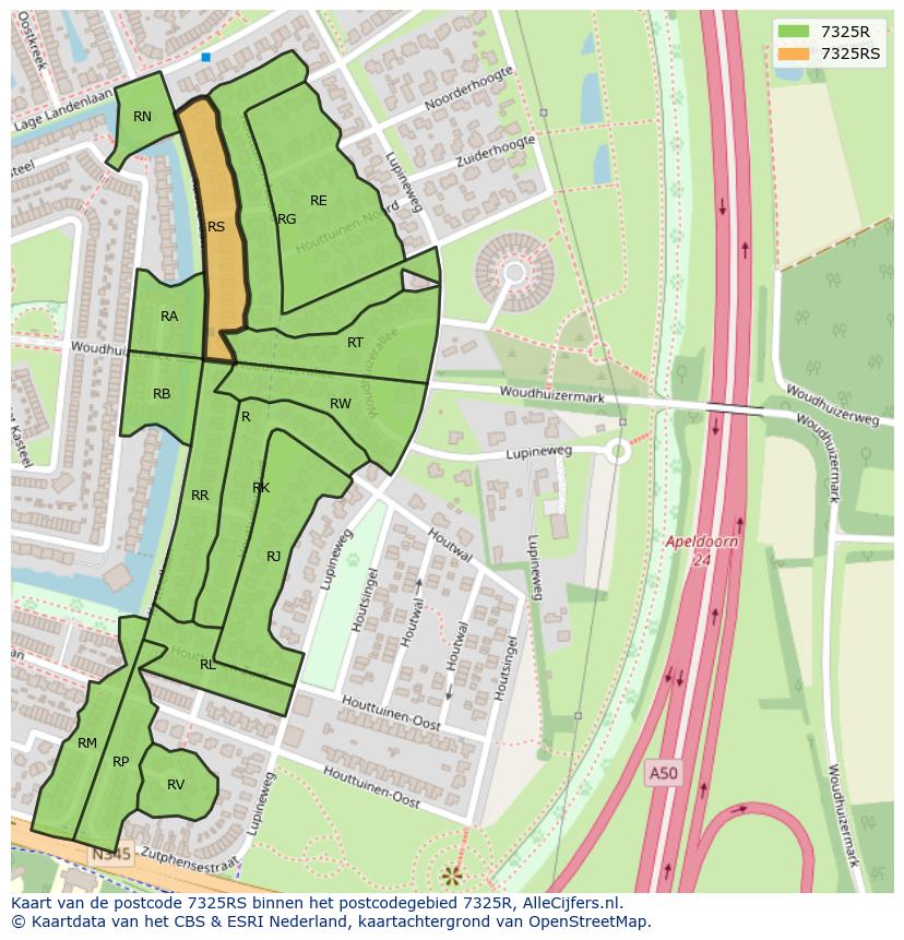 Afbeelding van het postcodegebied 7325 RS op de kaart.