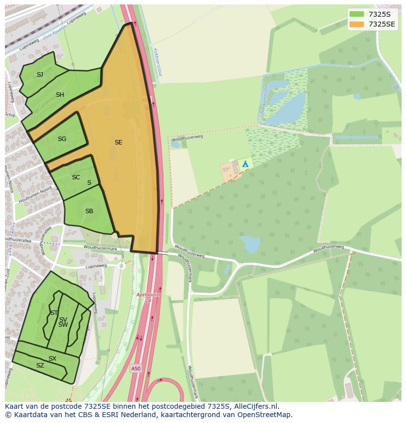 Afbeelding van het postcodegebied 7325 SE op de kaart.