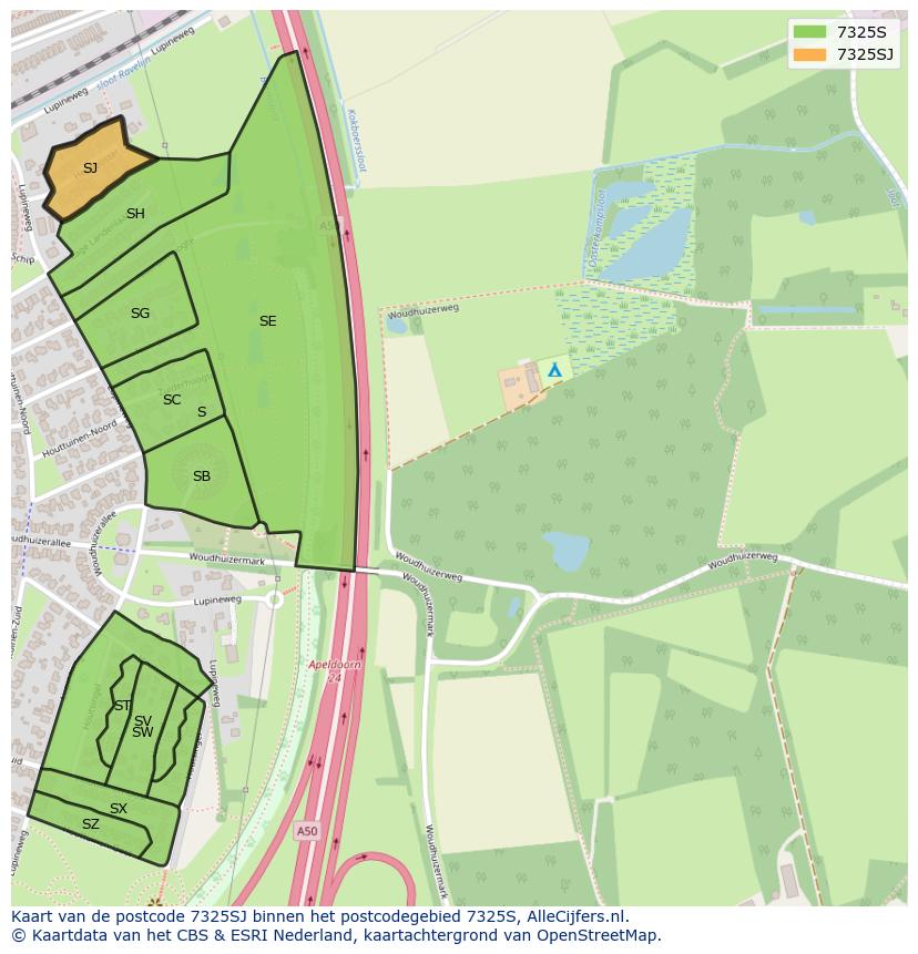 Afbeelding van het postcodegebied 7325 SJ op de kaart.