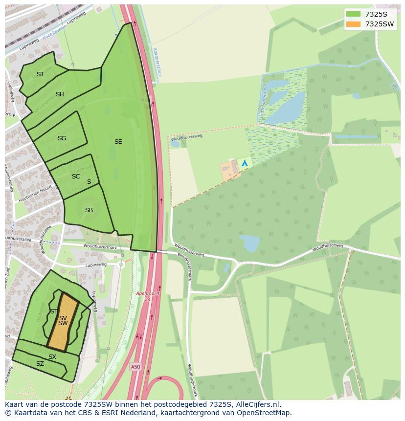 Afbeelding van het postcodegebied 7325 SW op de kaart.