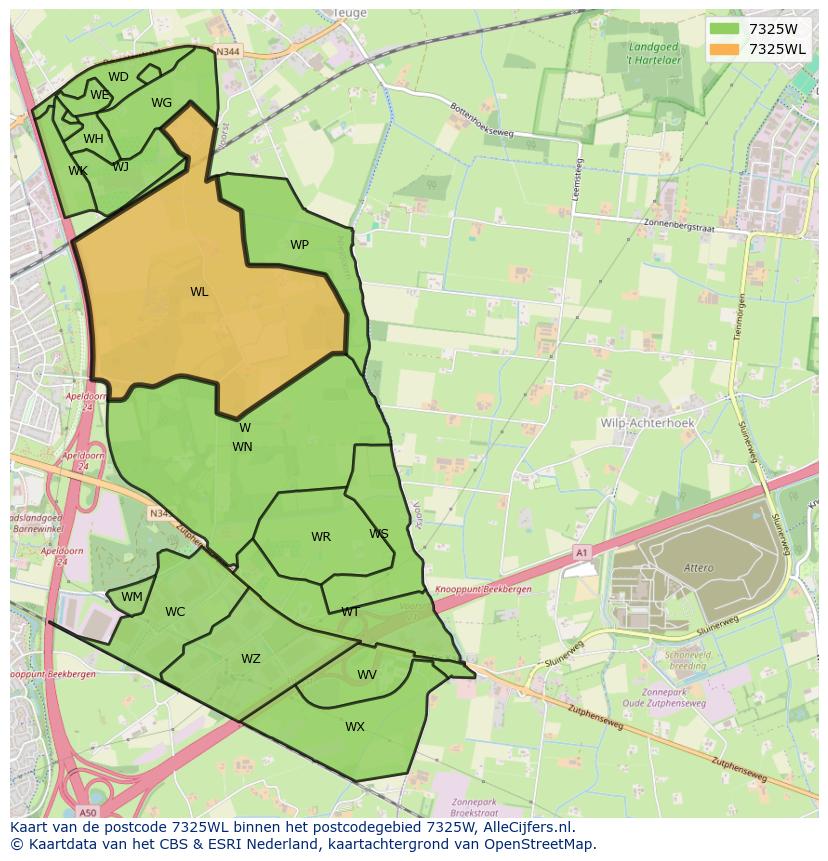 Afbeelding van het postcodegebied 7325 WL op de kaart.