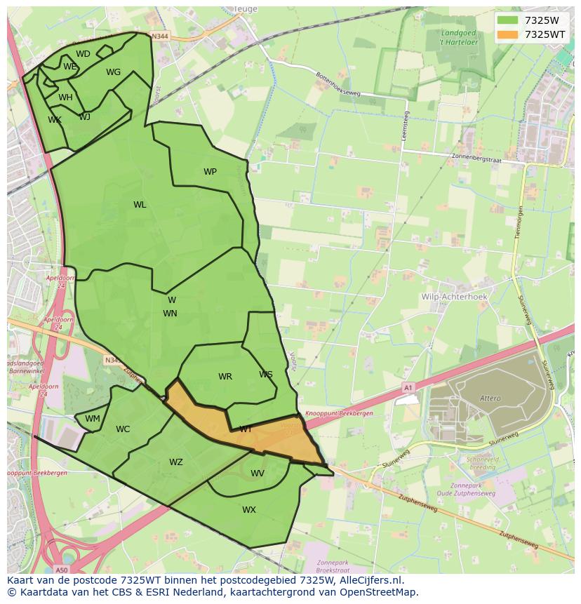 Afbeelding van het postcodegebied 7325 WT op de kaart.
