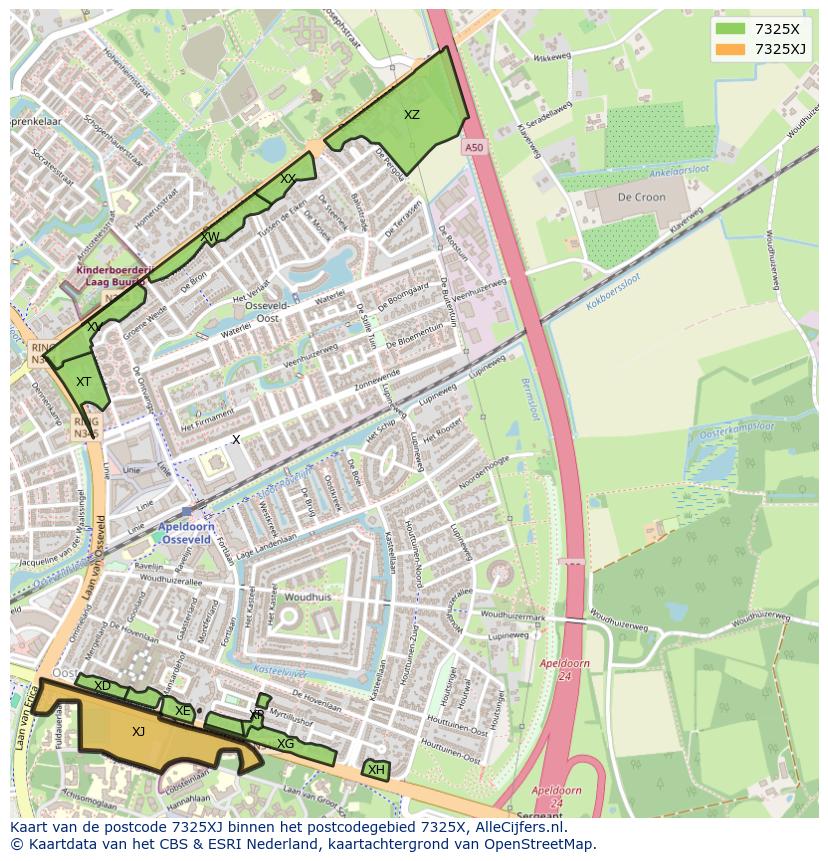 Afbeelding van het postcodegebied 7325 XJ op de kaart.