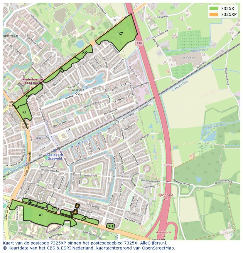 Afbeelding van het postcodegebied 7325 XP op de kaart.