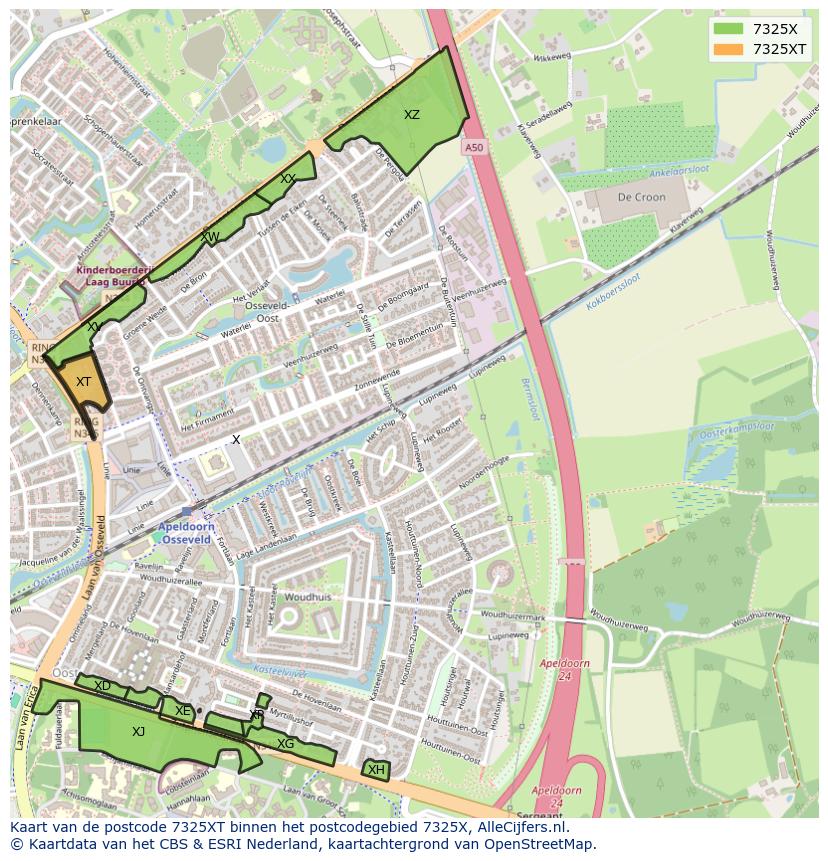 Afbeelding van het postcodegebied 7325 XT op de kaart.