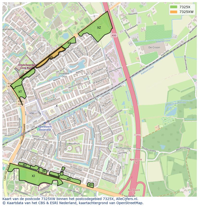 Afbeelding van het postcodegebied 7325 XW op de kaart.