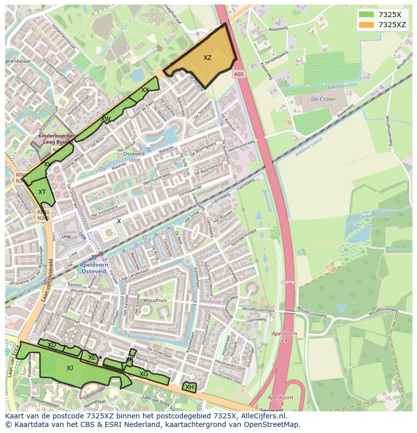 Afbeelding van het postcodegebied 7325 XZ op de kaart.