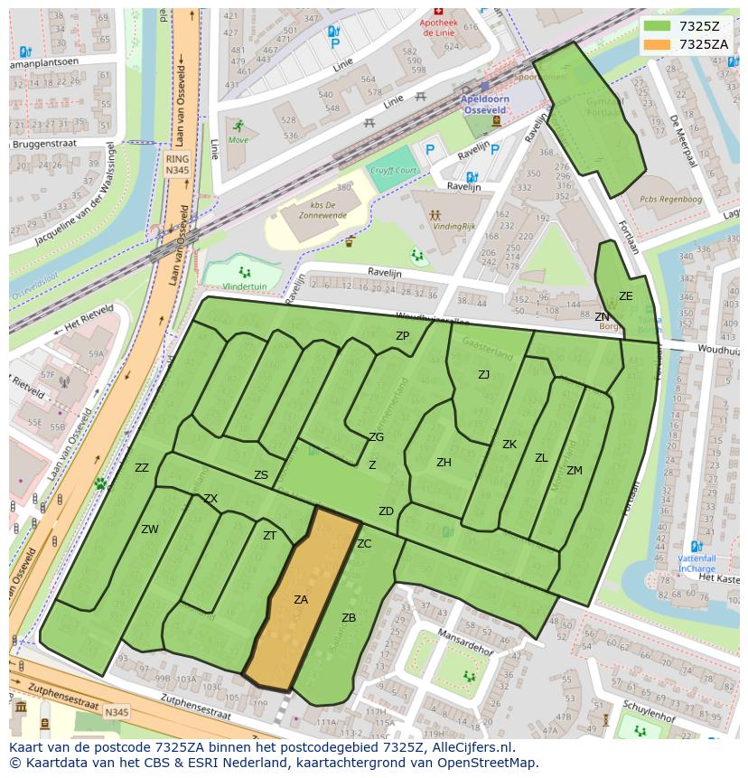 Afbeelding van het postcodegebied 7325 ZA op de kaart.