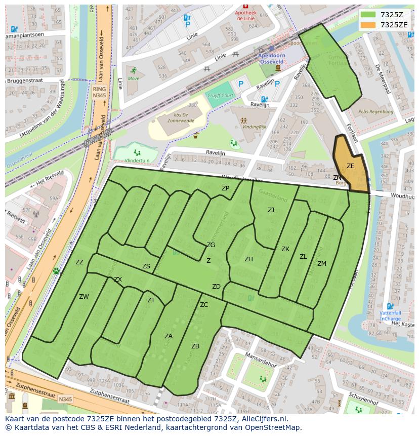 Afbeelding van het postcodegebied 7325 ZE op de kaart.