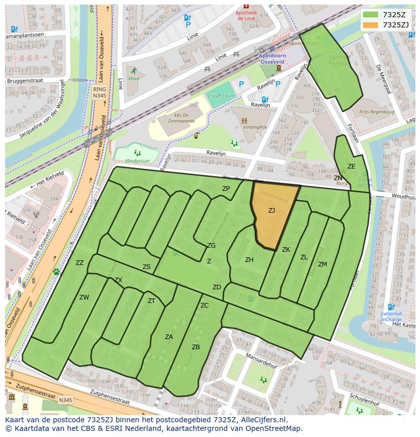 Afbeelding van het postcodegebied 7325 ZJ op de kaart.