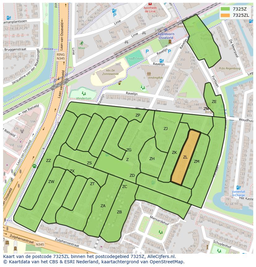 Afbeelding van het postcodegebied 7325 ZL op de kaart.