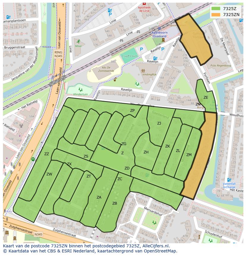 Afbeelding van het postcodegebied 7325 ZN op de kaart.