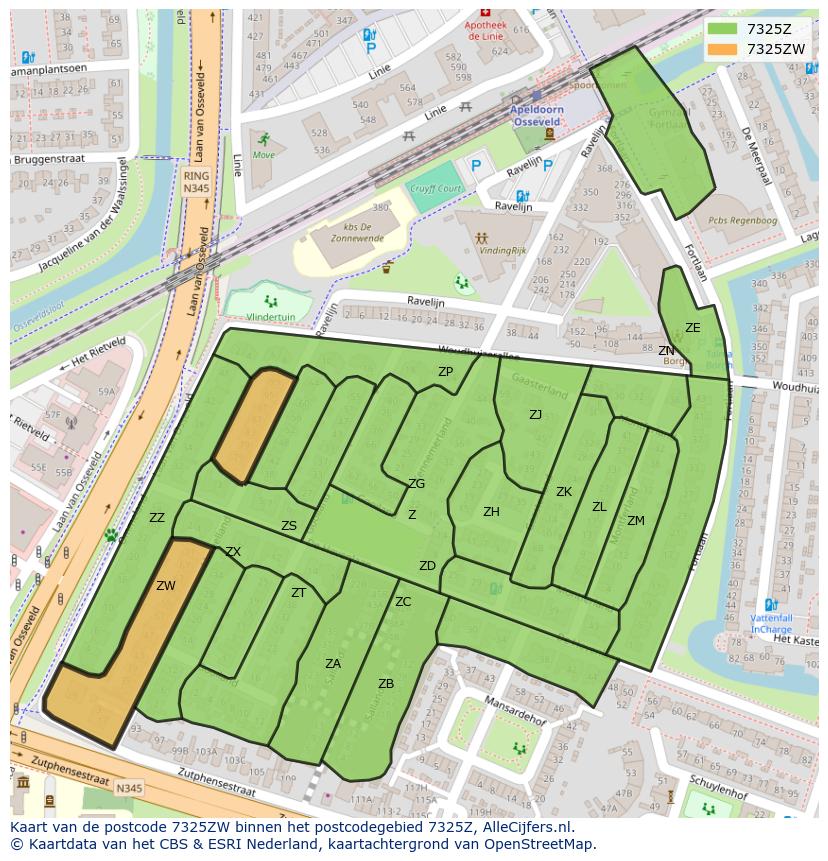 Afbeelding van het postcodegebied 7325 ZW op de kaart.