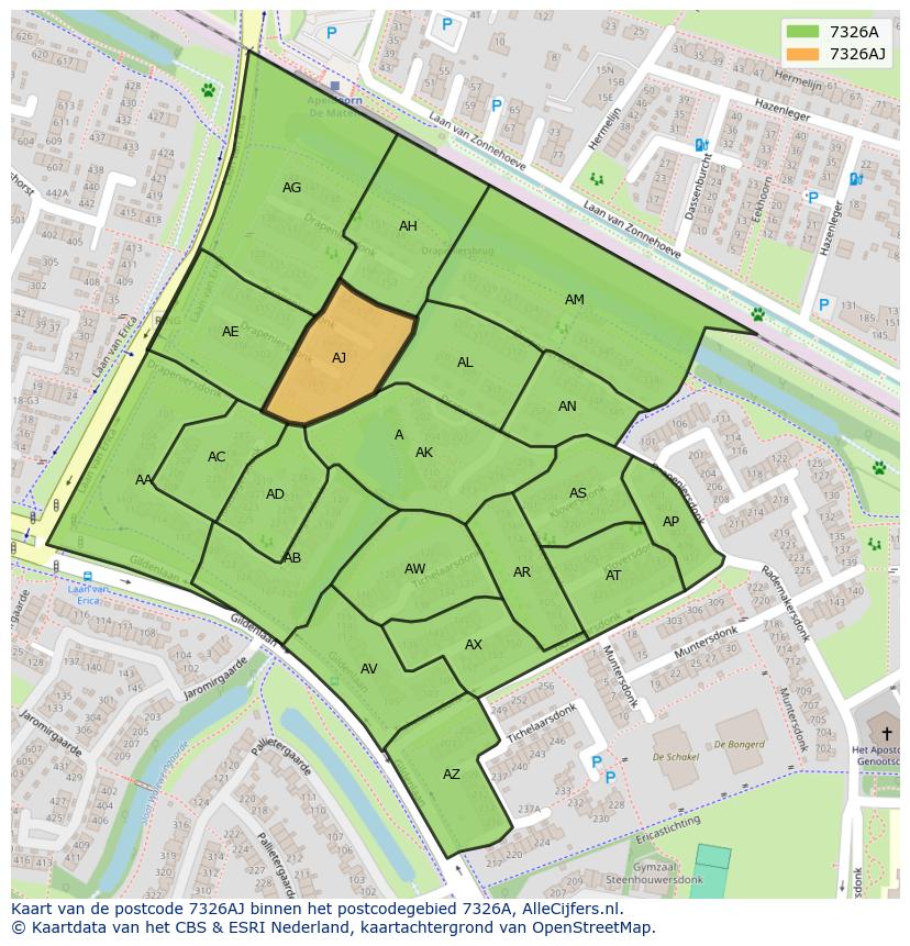 Afbeelding van het postcodegebied 7326 AJ op de kaart.
