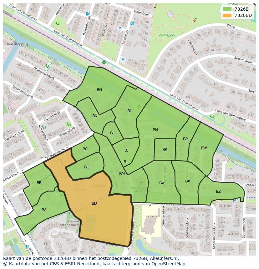Afbeelding van het postcodegebied 7326 BD op de kaart.