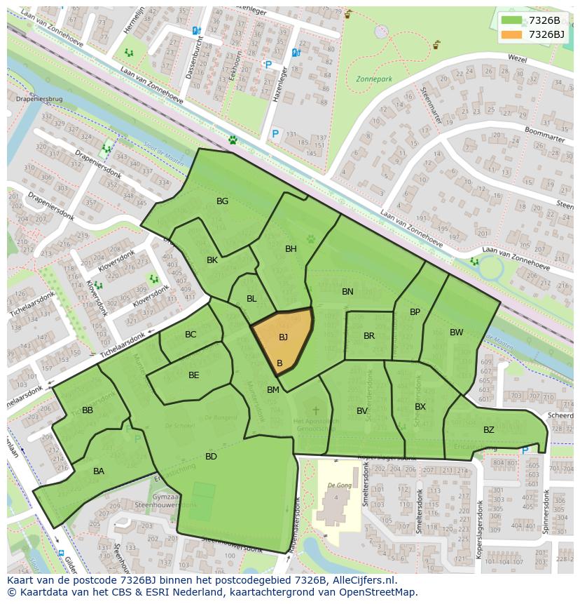 Afbeelding van het postcodegebied 7326 BJ op de kaart.