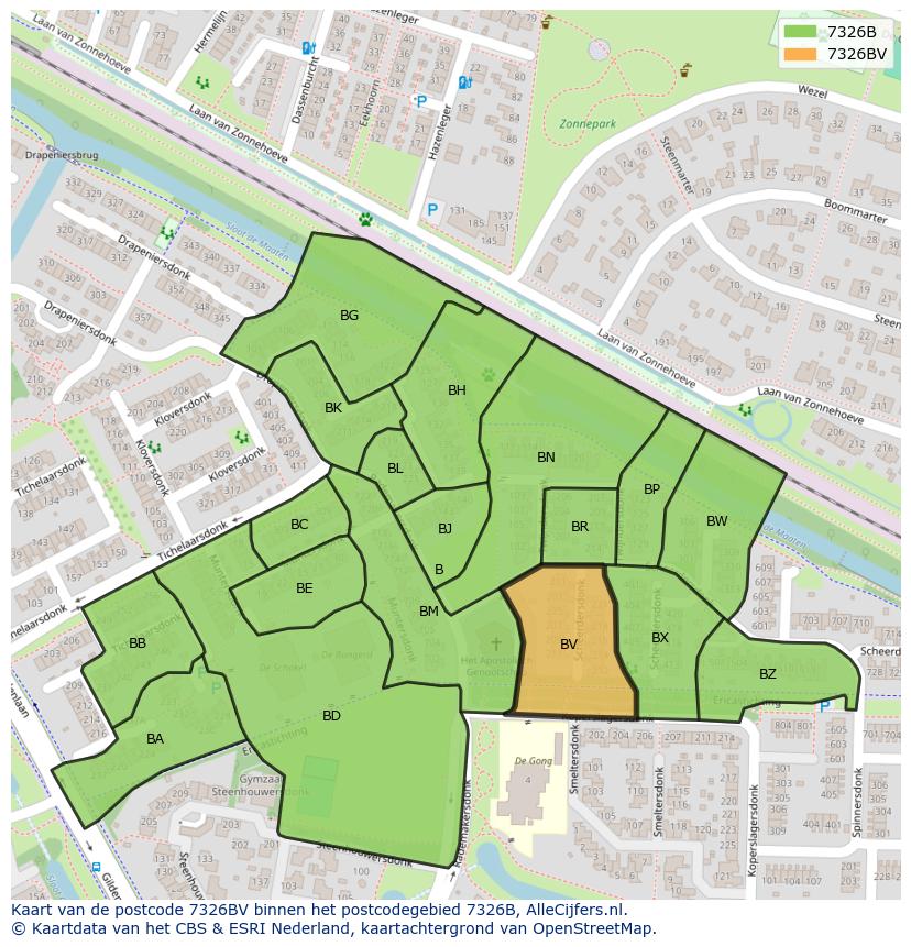 Afbeelding van het postcodegebied 7326 BV op de kaart.