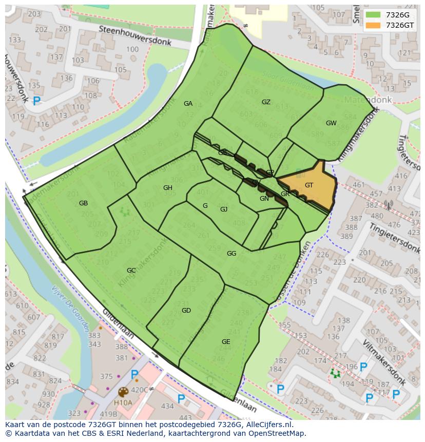 Afbeelding van het postcodegebied 7326 GT op de kaart.