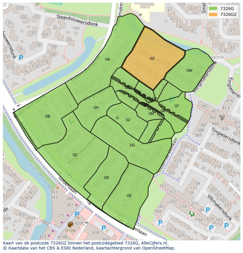 Afbeelding van het postcodegebied 7326 GZ op de kaart.