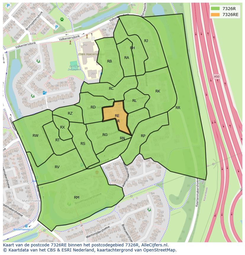 Afbeelding van het postcodegebied 7326 RE op de kaart.
