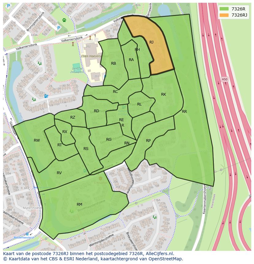 Afbeelding van het postcodegebied 7326 RJ op de kaart.