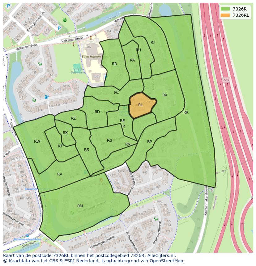 Afbeelding van het postcodegebied 7326 RL op de kaart.