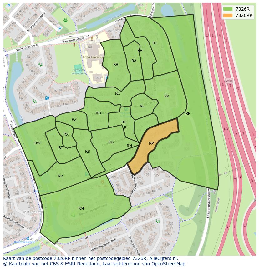Afbeelding van het postcodegebied 7326 RP op de kaart.