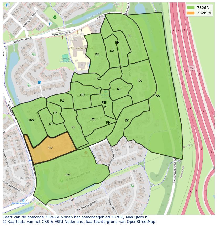 Afbeelding van het postcodegebied 7326 RV op de kaart.