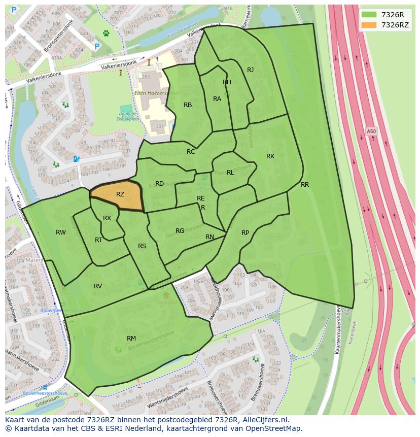 Afbeelding van het postcodegebied 7326 RZ op de kaart.