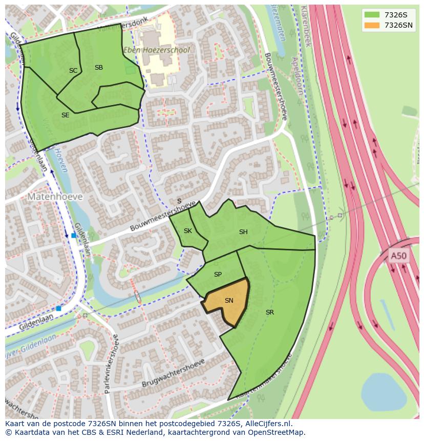 Afbeelding van het postcodegebied 7326 SN op de kaart.