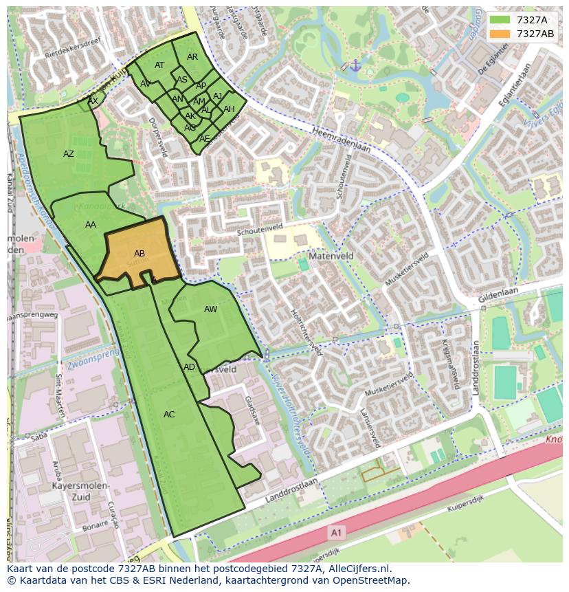 Afbeelding van het postcodegebied 7327 AB op de kaart.