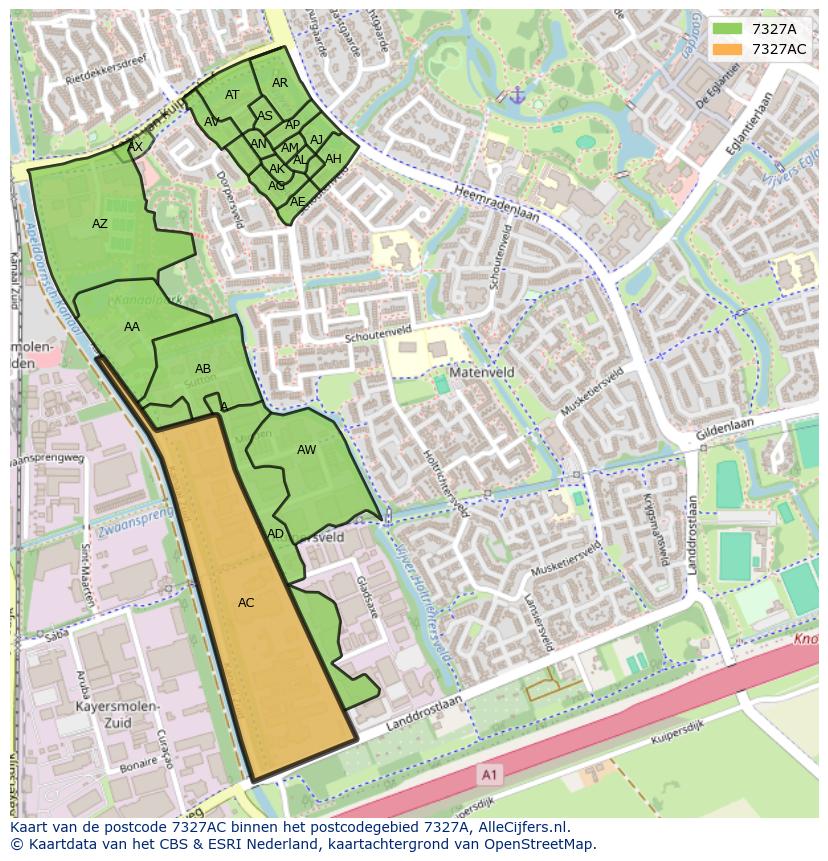 Afbeelding van het postcodegebied 7327 AC op de kaart.