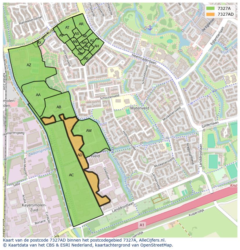 Afbeelding van het postcodegebied 7327 AD op de kaart.