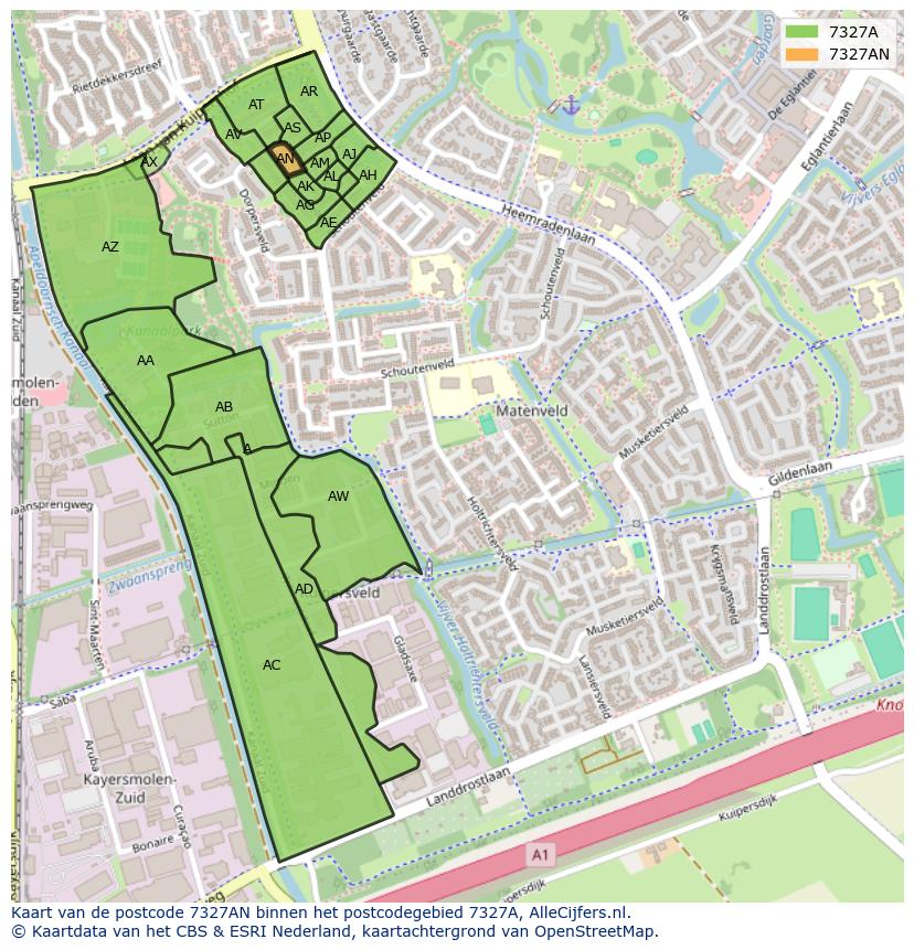Afbeelding van het postcodegebied 7327 AN op de kaart.