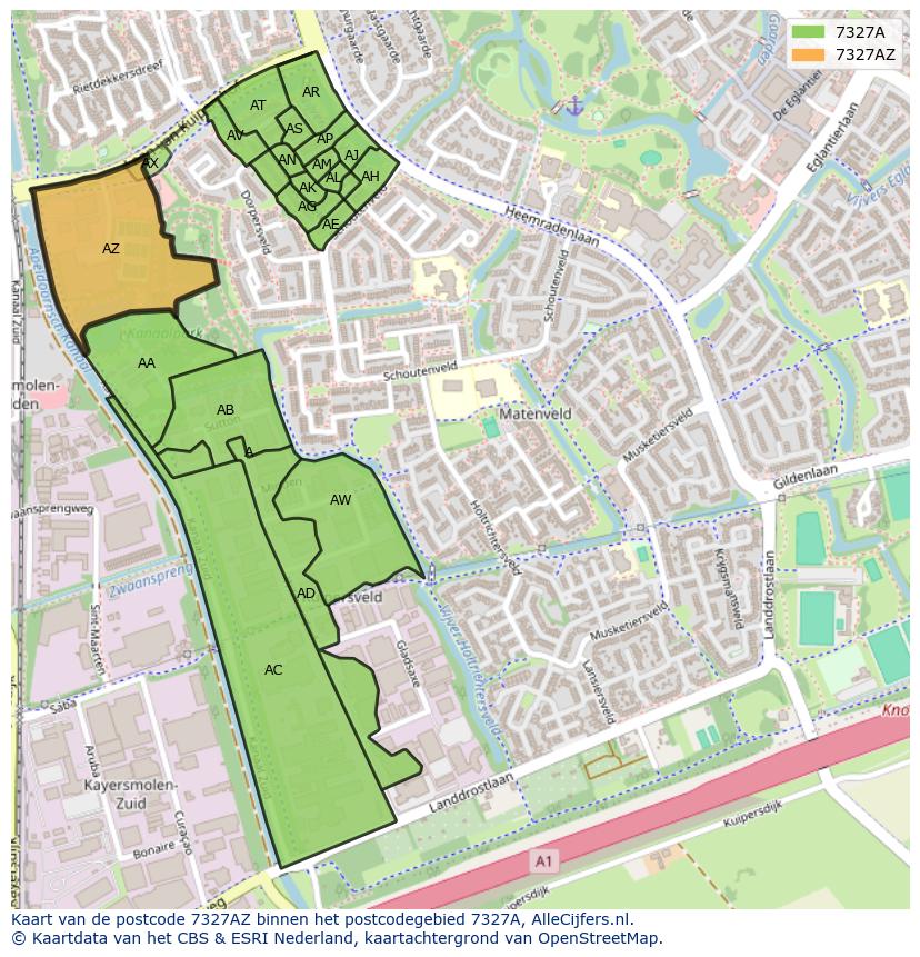 Afbeelding van het postcodegebied 7327 AZ op de kaart.