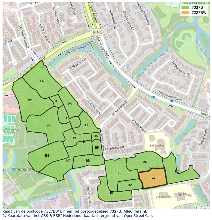 Afbeelding van het postcodegebied 7327 BW op de kaart.