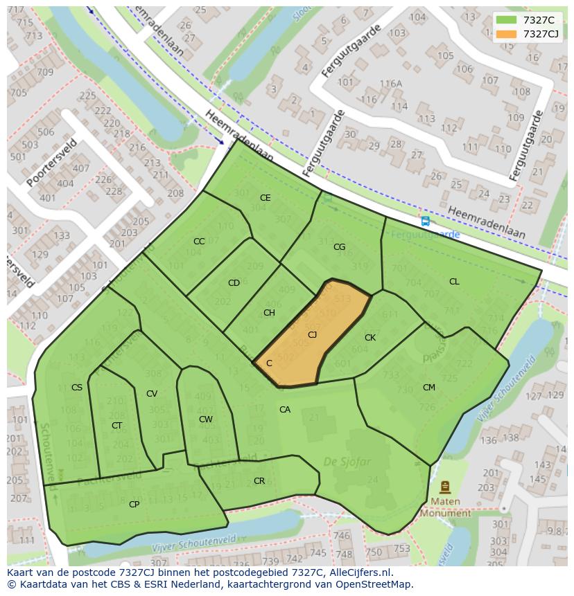 Afbeelding van het postcodegebied 7327 CJ op de kaart.
