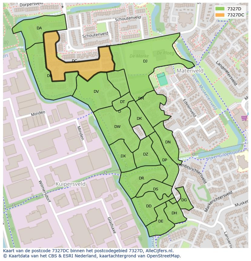 Afbeelding van het postcodegebied 7327 DC op de kaart.