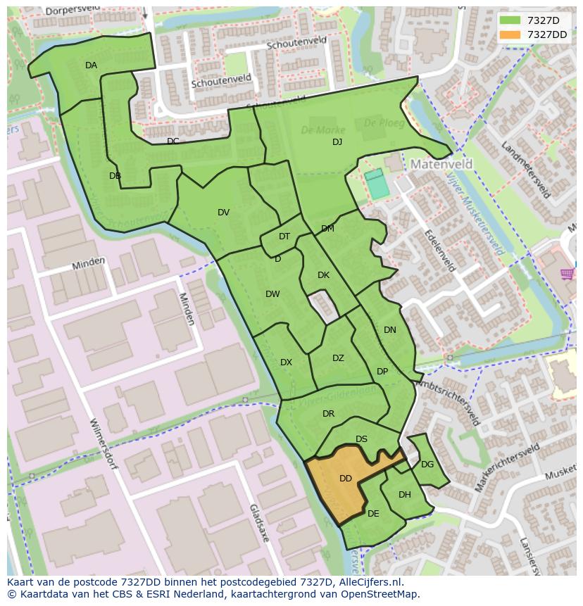 Afbeelding van het postcodegebied 7327 DD op de kaart.