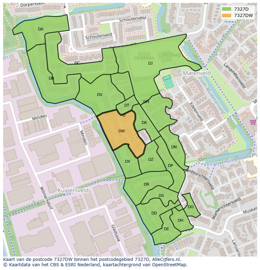 Afbeelding van het postcodegebied 7327 DW op de kaart.